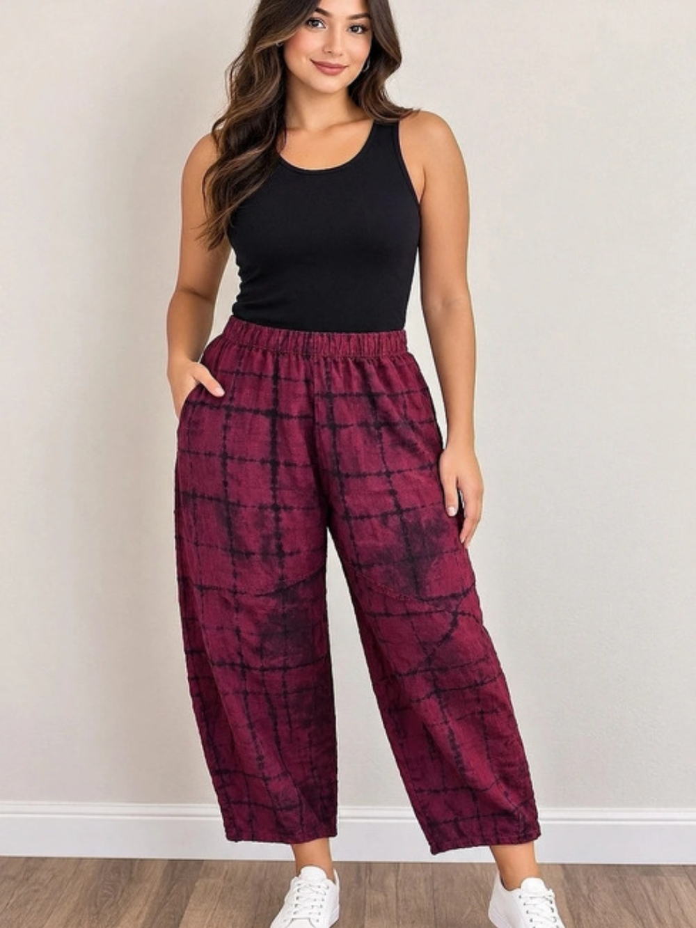Plaid Wide Leg Pants in Purple & Black